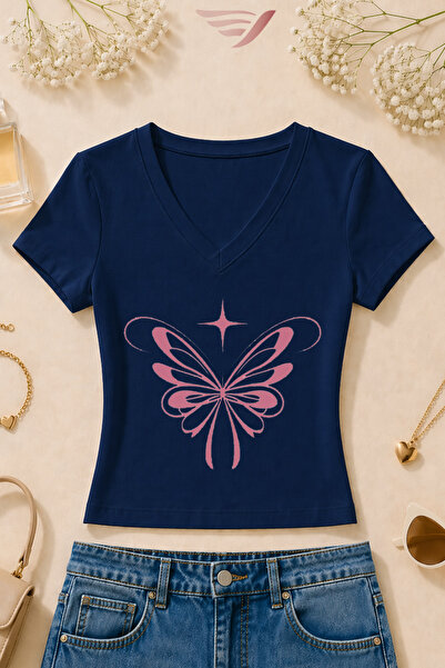 Velostra Women's Butterfly Printed Basic Daily Use V-Neck Slim Fit Lycra T-Shirt