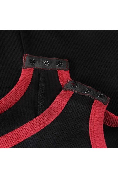 OEM Bodysuit de damă cu mânecă lungă, decolteu în V, negru-roșu, elastic, m