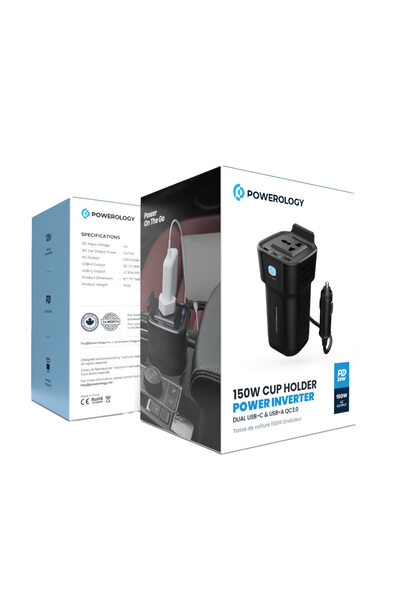 Powerology محول طاقة بقوة 150 واط يثبت في حامل الأكواب مع منفذ USB-C مزدوج وم...