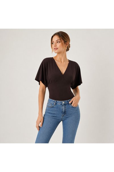 Adeyo Store V-Neck Bat Sleeve Waist Fitted Short Sleeve Blouse