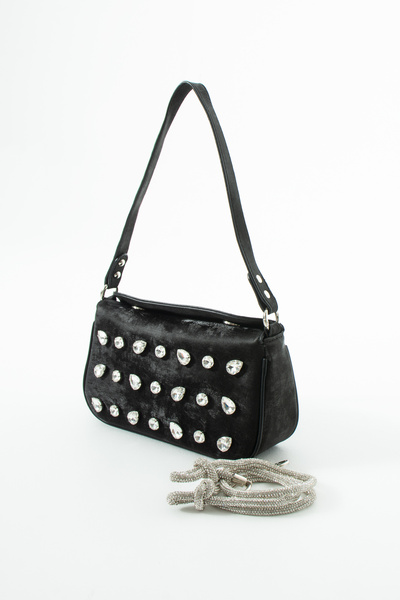 LOTUSVİE Black Crystal Stone Detailed Satin Imported Women's Evening Dress Bag