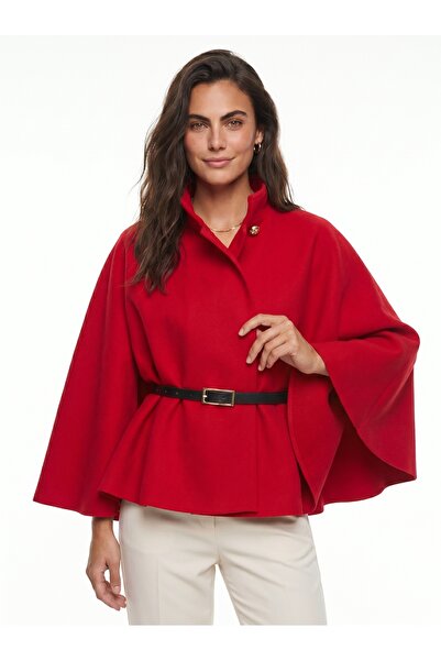 ONLOOX Red Wool Lycra Poncho with High Collar, Gold Button Detail, Belted and...