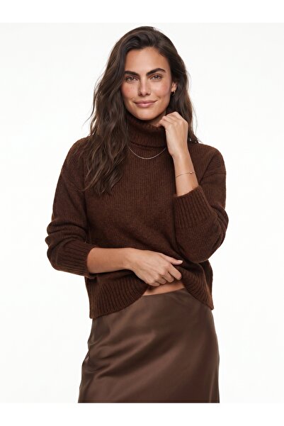 ONLOOX Brown Flexible Textured Turtleneck Standard Size Soft Knit Sweater wit...