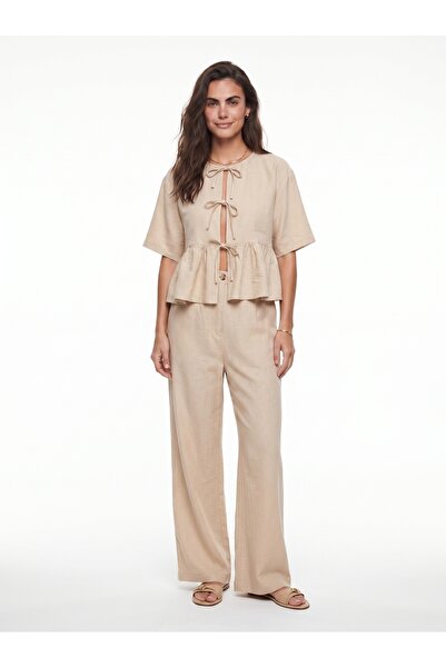 ONLOOX Beige Rayon Blended Fabric Short Sleeve Relaxed Fit Blouse with Front ...