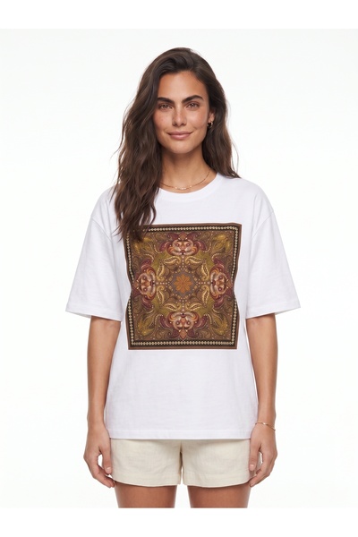 ONLOOX White Cotton Crew Neck Short Sleeve Oversize Ethnic Printed Bead Embro...