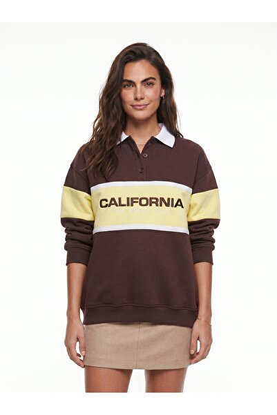 ONLOOX Brown Cotton Blend Polo Collar Oversize Buttoned Sweatshirt with Calif...