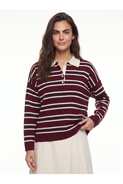 ONLOOX Burgundy Acrylic Fabric Polo Collar Standard Size Horizontal Striped B...
