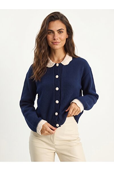 ONLOOX Navy Blue Knitted Knitwear Baby Collar Long Sleeve Detailed Buttoned S...