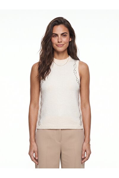 ONLOOX Ecru Knitwear Soft Textured Crew Neck Zero Sleeve Stone Embroidered De...