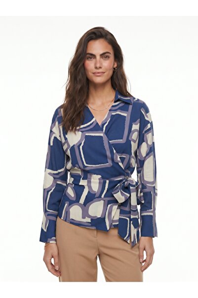 ONLOOX Blue Viscose Blended Shirt Collar Double Breasted Cut Side Tie Geometr...