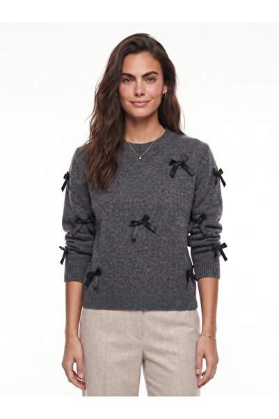 ONLOOX Anthracite Stretchy Knitwear Fabric Crew Neck Regular Cut Bow Detailed...