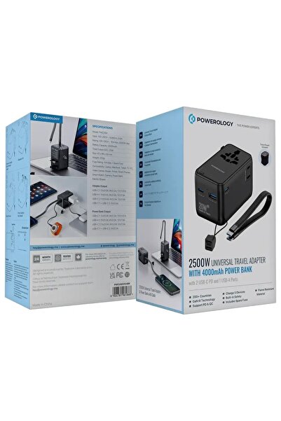 Powerology 2500W Universal Travel Adapter With 4000mAh Power Bank Black