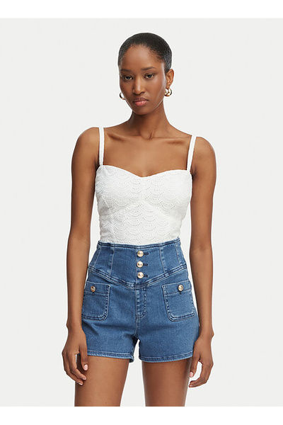 Guess Beyaz Kadın Kalp Yaka Comfort Fit Nakışlı Gömlek W6GH47W1880-G011