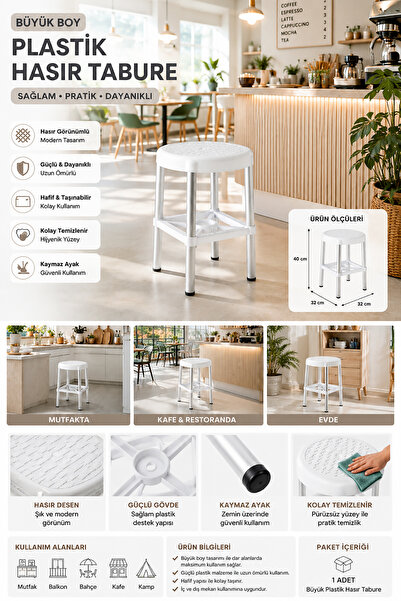 Akyüz Plastik 🪑 Büyük Boy Plastik Tabure 32x32x40 cm Kaymaz Ayaklı Çok Amaçl...