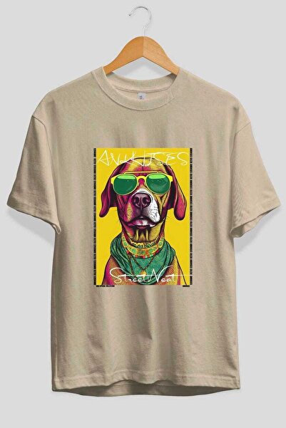 Ankhises For Dog Lovers 21 Front Dog Print Beige Oversize T-Shirt 100% Cotton...
