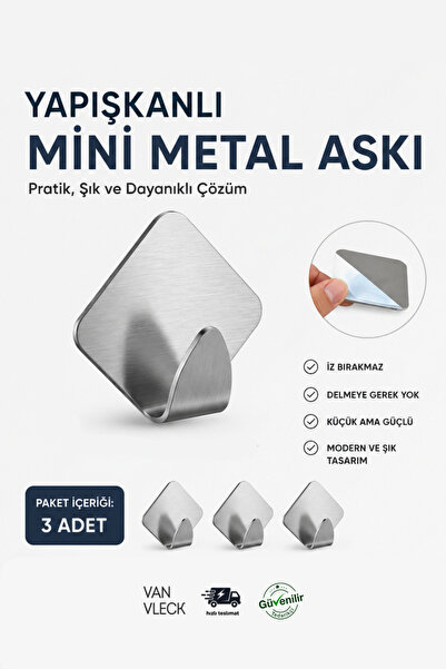 VAN VLECK 3'lü Yapışkanlı Mini Metal Askı – Delmeden Duvar ve Kapı Arkası Çok...