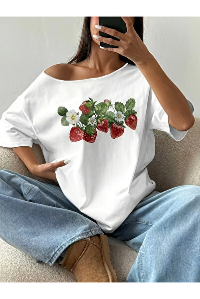 OVER HEAD Tricou de damă cu imprimeu căpșuni, cu gât barcă și umeri goi, 100%...