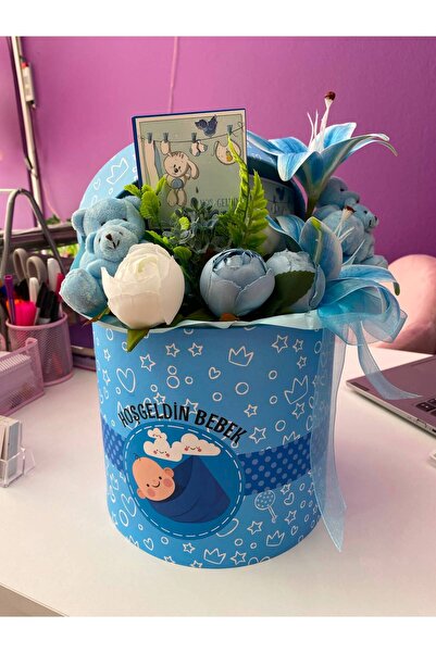 Buketim Seninle Newborn Welcome Baby Boy Flower Box, Baby Boy Gift, Newborn Gift