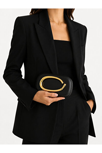 Mirel çanta OVAL FORMLU GOLD AKSESUARLI CLUTCH SİYAH ÇANTA