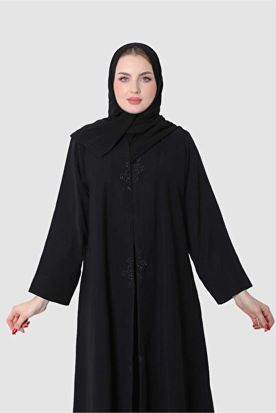 Stylish Fashion عباية من ستايلش فاشن لف باللون أسود شك ناعم على امام العباية