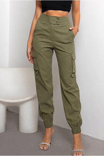 YACKHA Kadın Haki Gabardin Kargo Jogger Pantolon 🌿 Yüksek Bel Çift Düğmeli C...