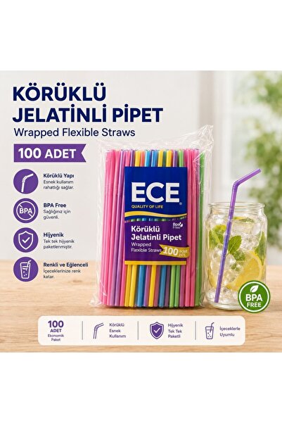 Ece Körüklü Jelatinli Pipet 100 Adet Renkli Pipet Bpa Free