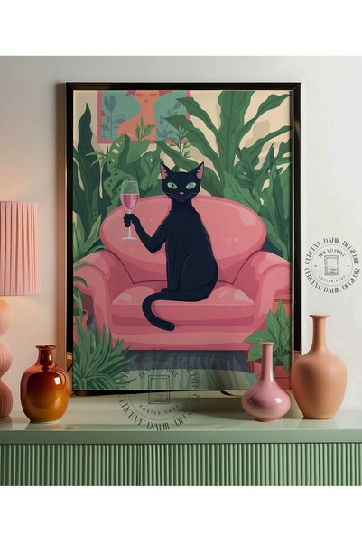 DES VU PRINT Şarap İçen Siyah Kedi Posteri, Çerçevesiz Kedi Temalı Poster