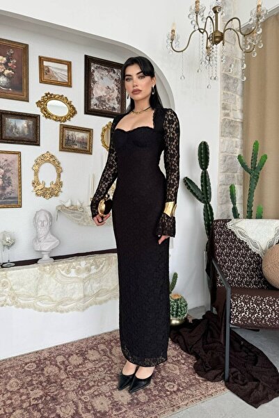 Caddebostan Moda Women's Ruched Long Sleeve Square Neck Midi Dress Stylish Ev...