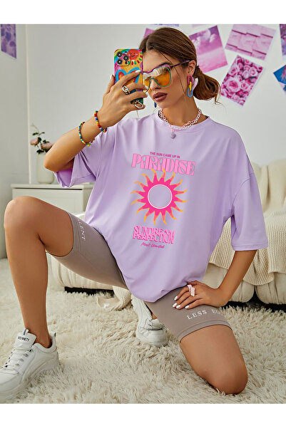 SUNFREE Tricou de bază cu mânecă scurtă, supradimensionat, cu imprimeu PARADISE
