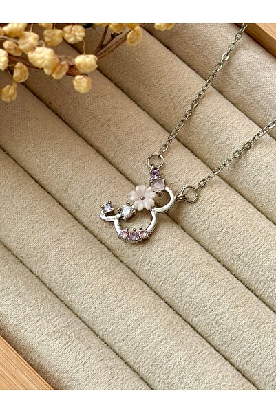 Tiştok accessory Çelik Zincir Gümüş Renk Çiçekli Mineli Harfi Vintage Kolye- ...