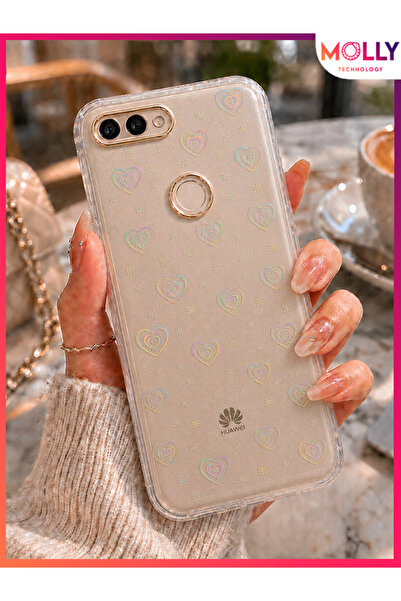Molly HUAWEİ P SMART 2018 İçin Kalp Hologramlı Gold Çerçeveli Şeffaf Silikon ...