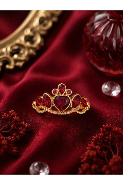 Sylvera Shop Princess Crown Red Stone Ring - Adjustable (Gold Color)