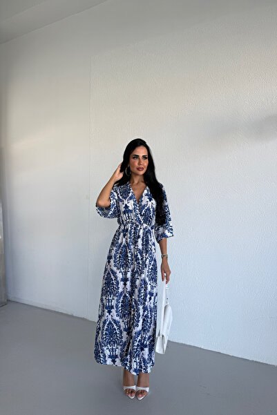 KAMACI BUTİK Kruvaze Collar Dress with Elastic Waist