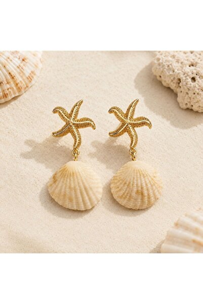 So Much Accesories Deniz Yıldızı Figürlü Deniz Kabuğu Sallantılı Küpe Gold Re...