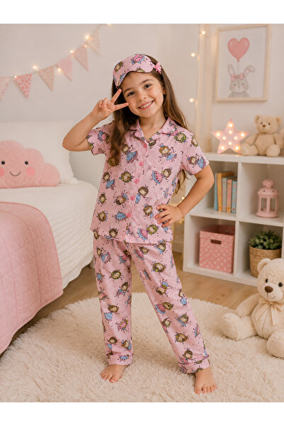 SERPİL Kız Çocuk Prenses Desenli Pijama Takımı Uyku Bantlı Düğmeli Uzun Paça ...