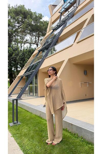 Flarsky Beige Asymmetrical Blouse Elastic Waist Pants Glittery Suit Plj
