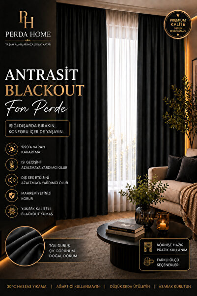 Perda HOME Antrasit Blackout Karartma Fon Perde Tek Kanat Ölçü Seçenekli Korn...