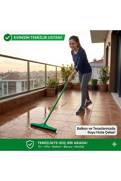 Primeaks 117 CM Metal Saplı Yer Sil Seti 40 CM Kauçuk Çekçek Balkon Banyo Ter...