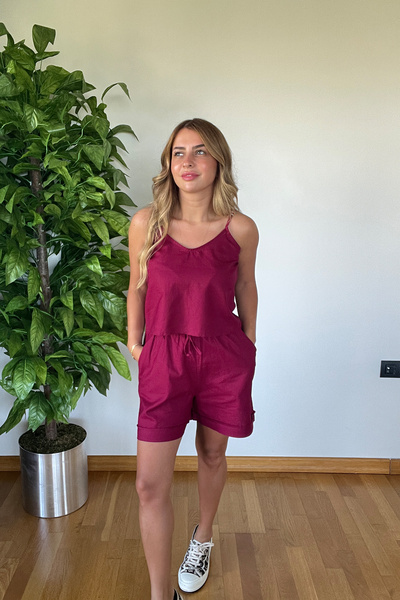 PİCCO Keten Crop Top Şort Kadın Takım İkili Set Yazlık İnce Askılı V Yaka Bağ...