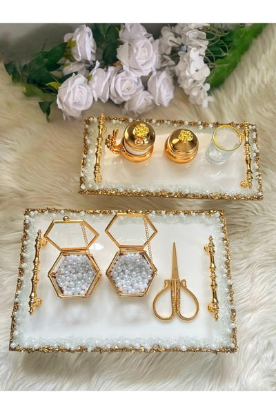 RESİNARTSHOP Epoksi Tepsi Dikdörtgen taşlı+incili Nişan tepsi seti 8 parça