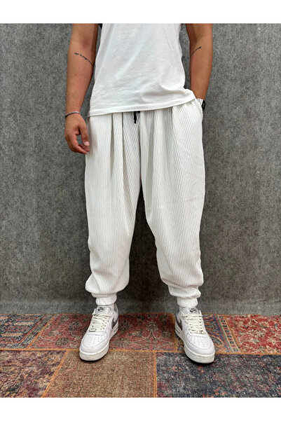FıttingRoom Elastic Waist Ribbed Pleated White Half Shalwar