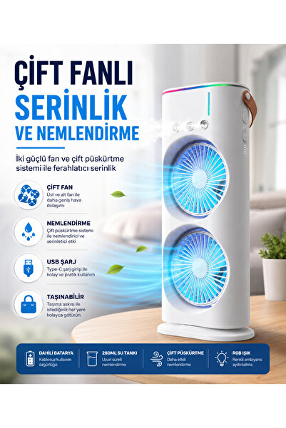 SMAYLİNG Çift Fanlı Nemlendirmeli Masaüstü Vantilatör USB Şarjlı 3 Kademeli H...