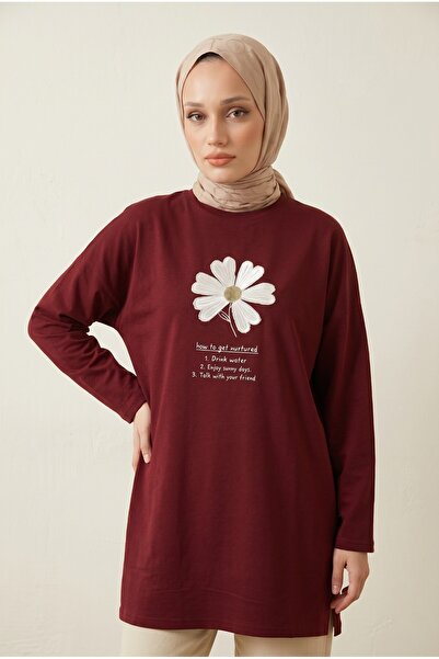 Lunfia Çiçek Nakışlı Bisiklet Yaka Tunik - Bordo