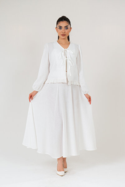 ELAY Fashion Women's White Linen Lace Detailed Skirt Suit