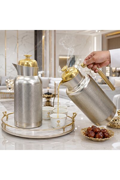 laverahome طقم ترامس ضيافة فاخر بتصميم عصري يجمع بين اللون الفضي الأنيق والتف...