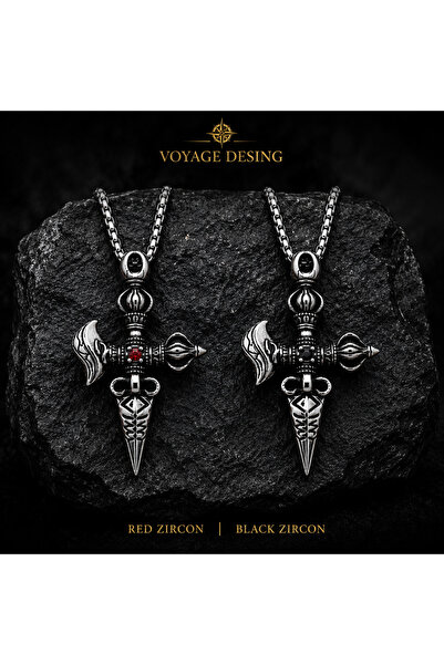 voyageaccessory Kırmızı & Siyah Zirkon Paslanmaz Çelik Vajra Phurba Budist Kolye