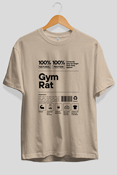 Ankhises Tricou bej cu imprimeu frontal Gym Rat, supradimensionat, 100% bumba...