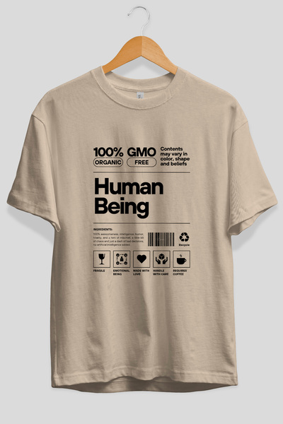 Ankhises Tricou bej cu imprimeu în față Human Being Oversize, 100% bumbac, îm...