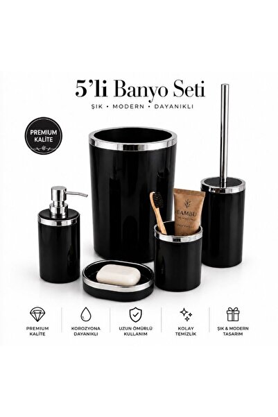 HÜCO BAZAAR Kaliteli Şık 5 Parça Mermer Desen Banyo Seti (Çöp Kovası, Wc Fırç...