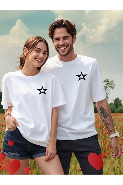 JENOLAN Pachet de 2 tricouri unisex cu imprimeu Star Star, pentru cupluri, la...
